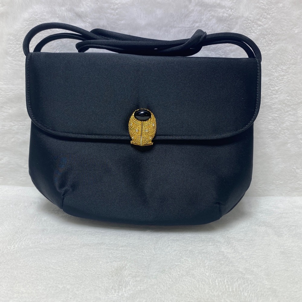 Vintage Black Clutch Evening Bag Gold Hardware Snap Closure